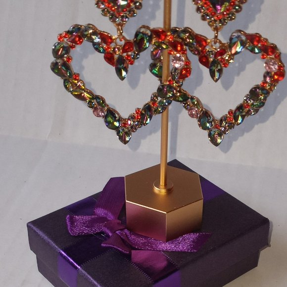 Pink Crystal Statement Heart Earrings - Picture 3 of 8